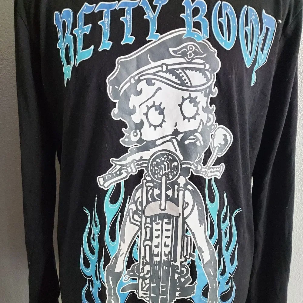 Unisex Betty Boop Blue Flame Motorcycle Long Sleeved Shirt Size Medium